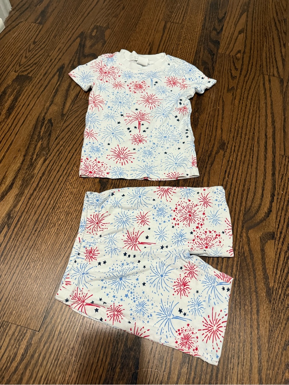 Pottery Barn Kids White Red and Blue Fireworks Pajama Set